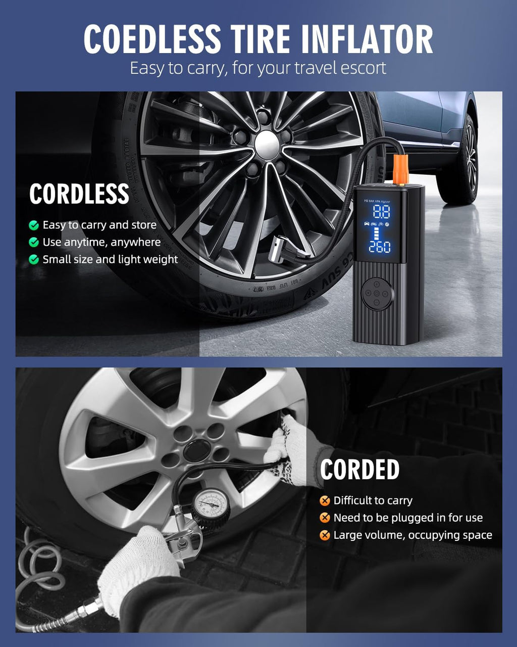 Tire Inflator Portable Air Compressor, 180PSI Portable Air Compressor with with LED Light, 25000mAh & 3X Faster Inflation Air Pump for Car, Bike, Motorcycle, Ball and more