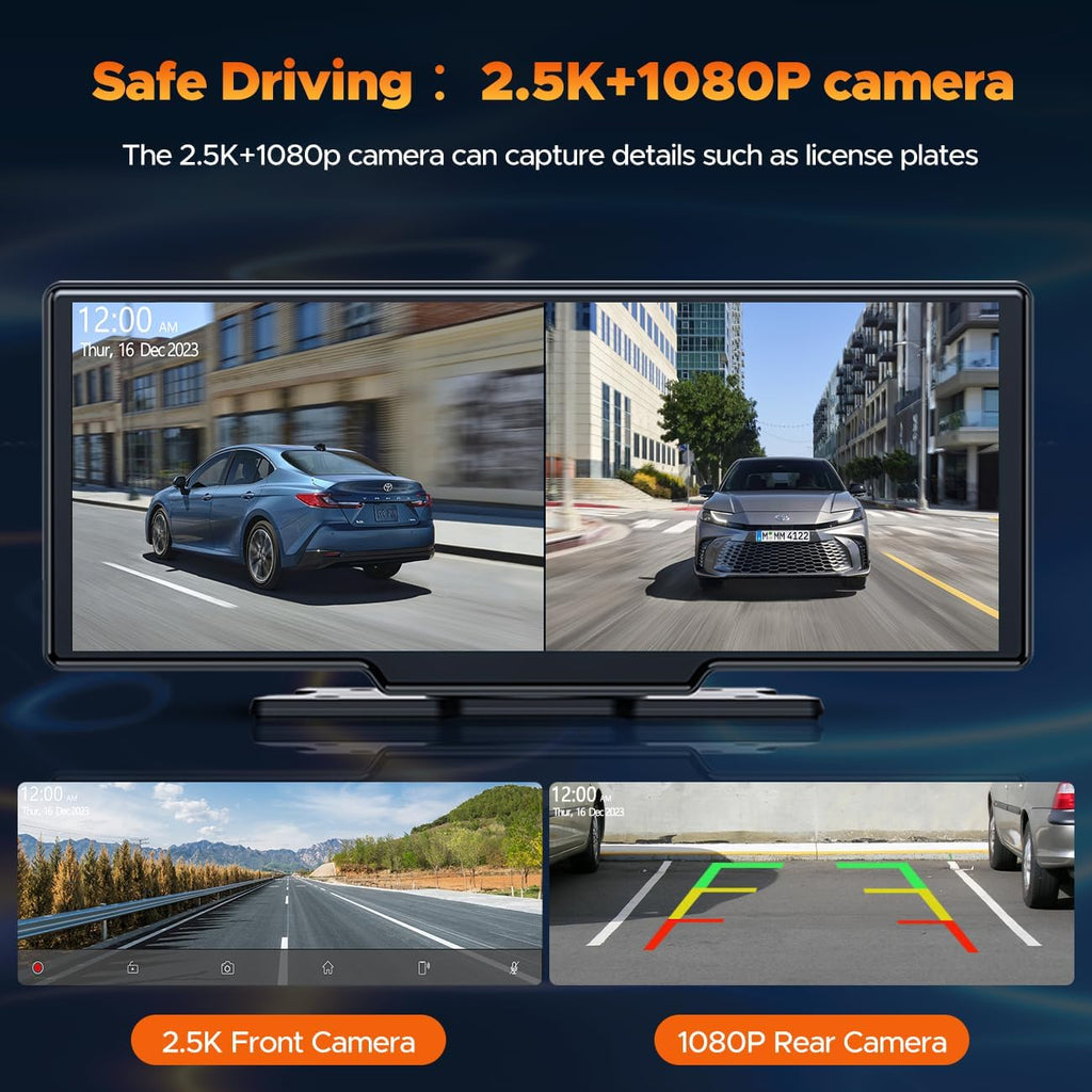 Volam Wireless Carplay Screen for Car with 2.5K Dash Cam, 1080p Backup Camera, 9.26" Portable Car Stereo with Apple Carplay Android Auto, Mirror Link, Loop Recording, GPS Navigation, AUX/FM