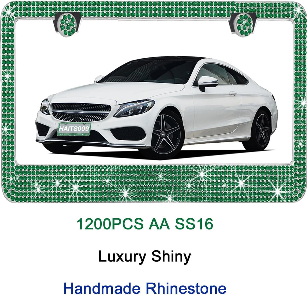 2 Pack License Plate Frames for Women, Sparkly Rhinestone Diamond Car Accessories with Glitter Crystal Caps (Green(2PCS))
