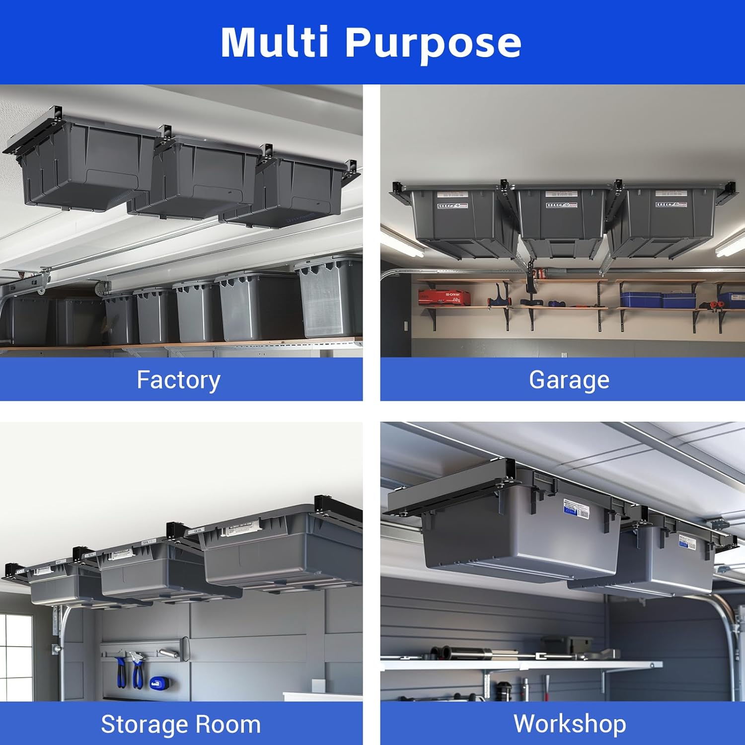 5 Pack Overhead Storage Bin Rack, Ceiling Racks for Utility Bins Organization, Heavy Duty Rack Ceiling Garage Storage for Supports Most Bins Container (for 4 Bins, Bins are not included)