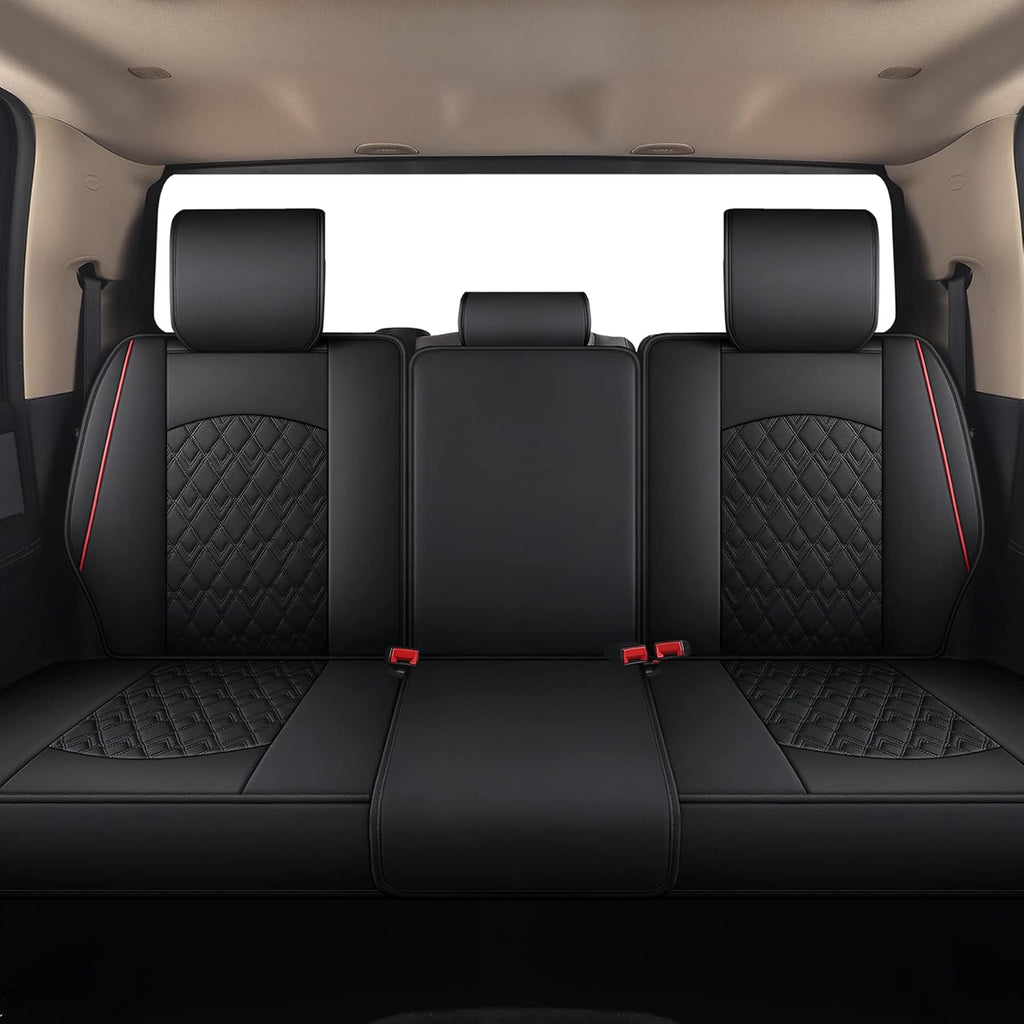 JOJOBAY Car Seat Covers for Dodge Ram Full Set,Fit Ram 2009-2025 1500/2500/3500 Pick-up Truck,Crew,Regular,Quad,Mega Cab,Waterproof Leather Seat Covers Protectors（5 PCS Full Set,Black/Red）