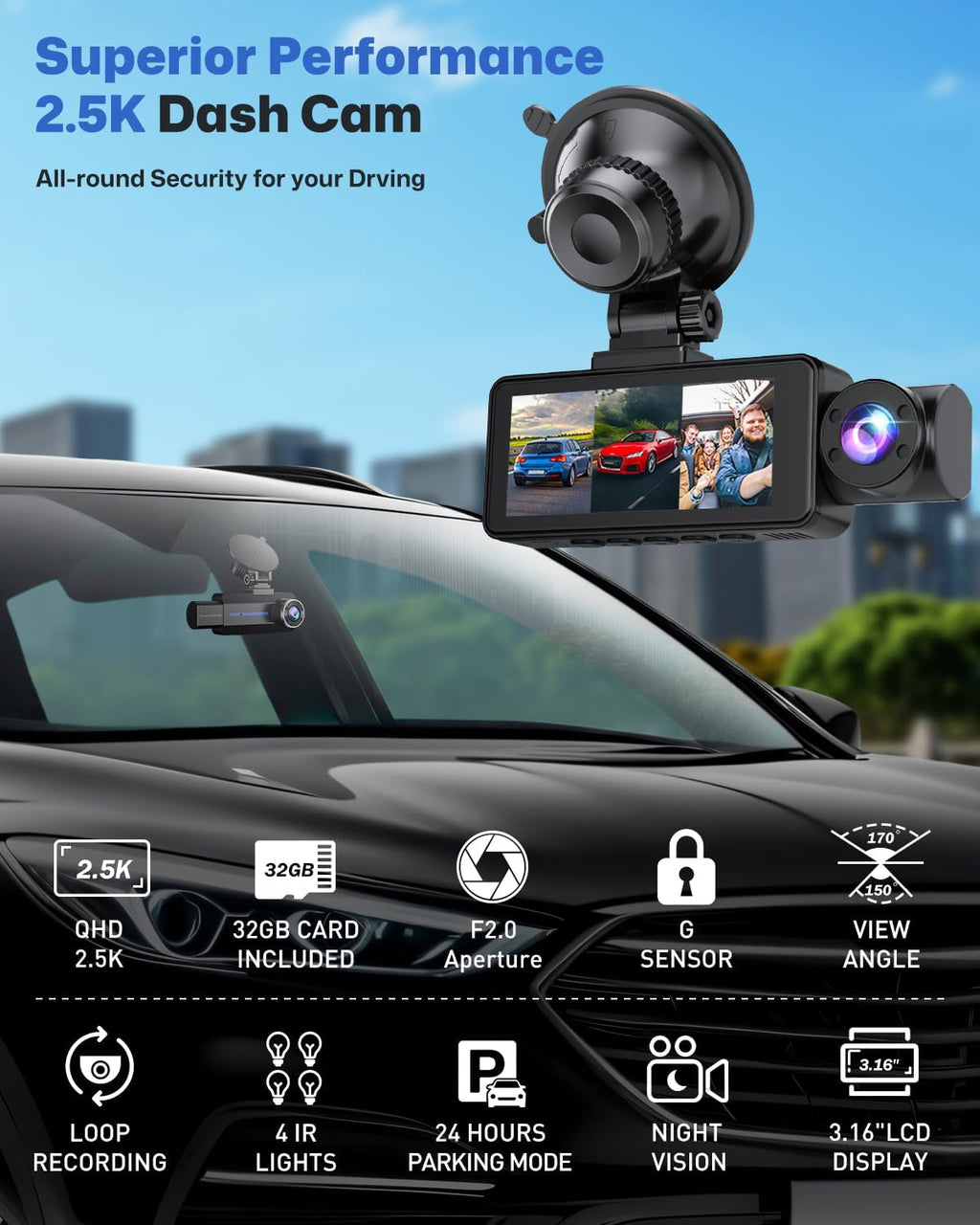 Dash Cam Front and Rear 2.5K/1440P, 3 Channel Dash Camera for Cars Dash Cam Front Rear and Inside with 32GB Card, 3.16" IPS Screen, G-Sensor, Loop Recording, Night Vision, Parking Mode