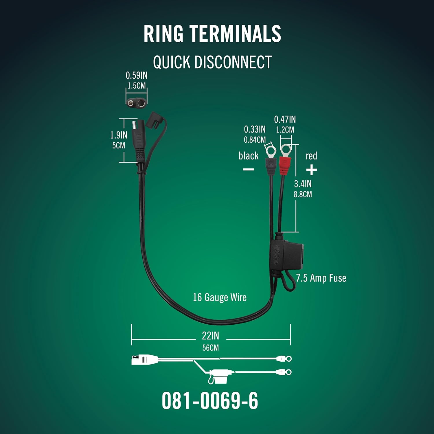 Battery Tender Ring Terminal Harness Accessory Cable - 18 inch Cord Adapter with SAE Quick Disconnect - Easy Quick Convenient for Motorcycles, Cars, ATVs and More - 081-0069-6