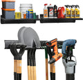 Heavy-Duty Garage Wall Storage System | Wall Mounted Tool Organizer Rack with Shelving | 10-Piece Mounting Kit | Includes 4x8.5” Adjustable Hooks & 2x16.5” Floating Utility Shelves