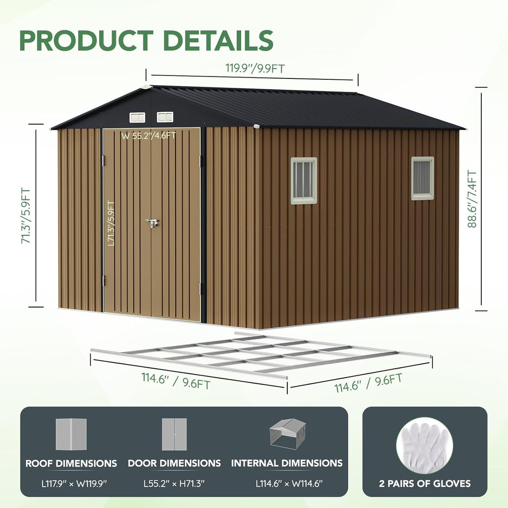 10X10X7.5 FT Outdoor Steel Storage Shed with Lockable Doors, 2 Windows, Metal Frame Floor (Wood Panels Not Included), Ideal for Backyard, Patio Storage,Chicken Coop, Brown