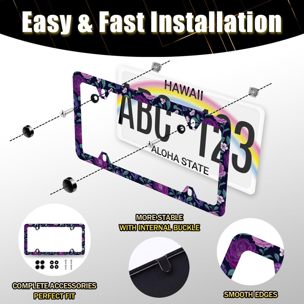 Purple Floral Flowers License Plate Frame Roses Peonies Colorful License Plate Stainless Steel Flowers Car Accessory Funny License Plate Decoration Women Size 12.2" x 6.2" with Screws
