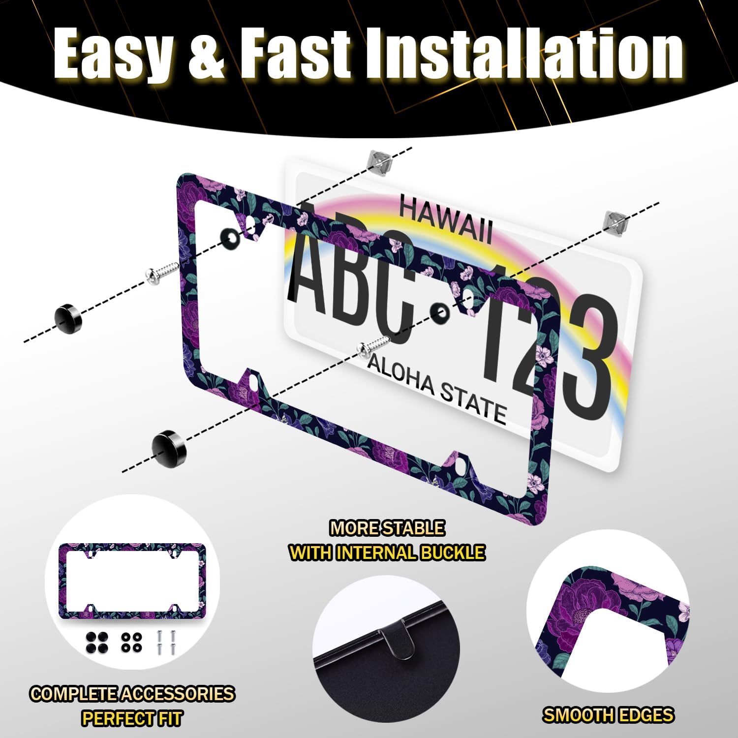 Purple Floral Flowers License Plate Frame Roses Peonies Colorful License Plate Stainless Steel Flowers Car Accessory Funny License Plate Decoration Women Size 12.2" x 6.2" with Screws