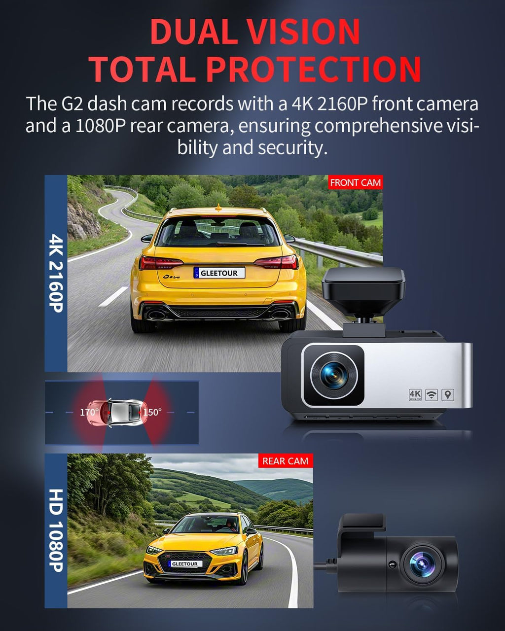 Dash Cam Front and Rear, 4K Full HD Dual Dash Camera for Cars, Built-in Memory Card Monitoring, 64GB Card, 5G WiFi GPS, Car Camera with 3" IPS Screen, 2160P Night Vision, Parking Monitor