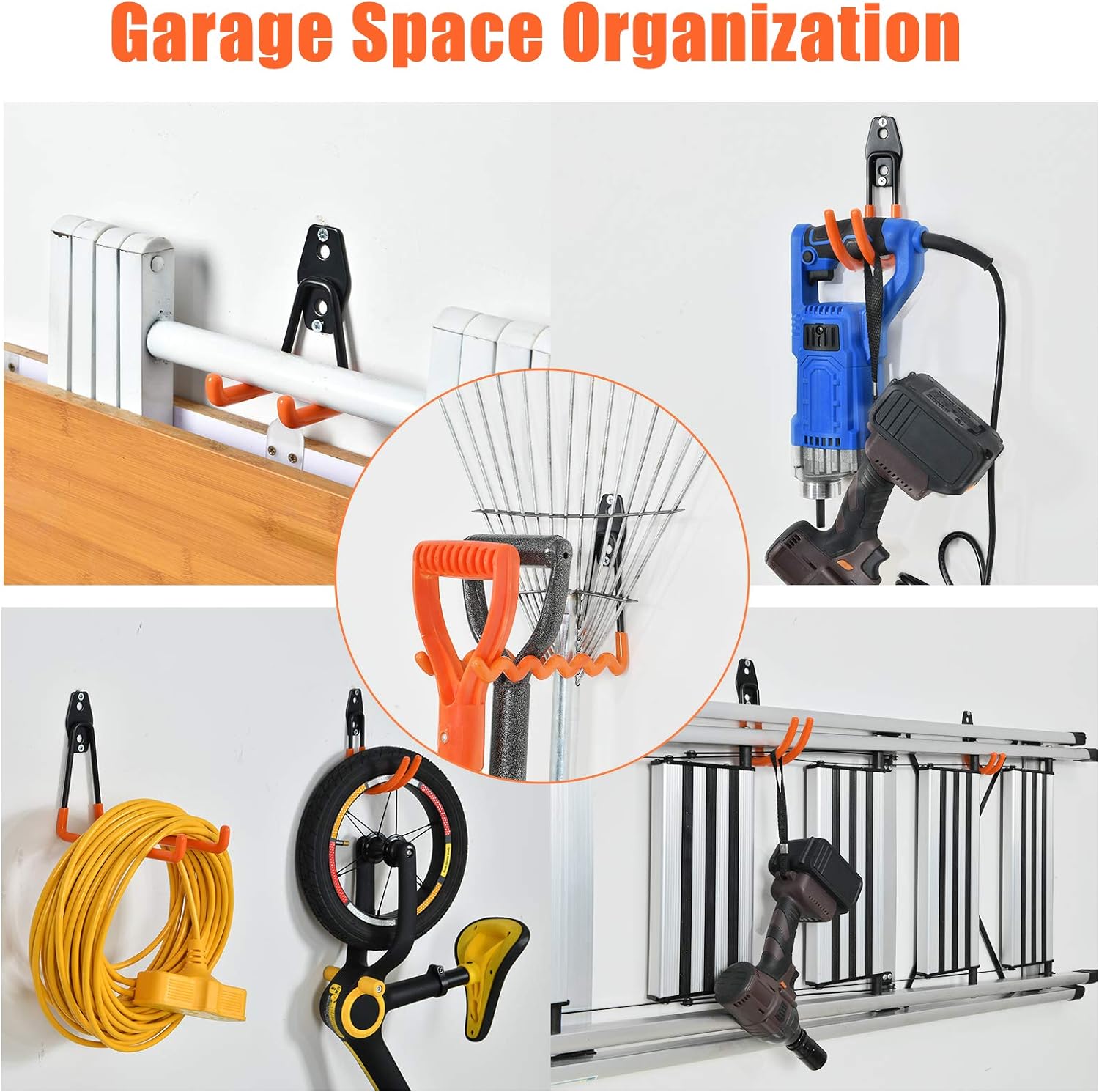 Aoben 24PCS Heavy Duty Garage Hanger Organizer Anti-Slip Double Wall Storage Hooks for Power Tools, Bikes, Ropes (23 Hooks & 1 Holder Strap)-Grey