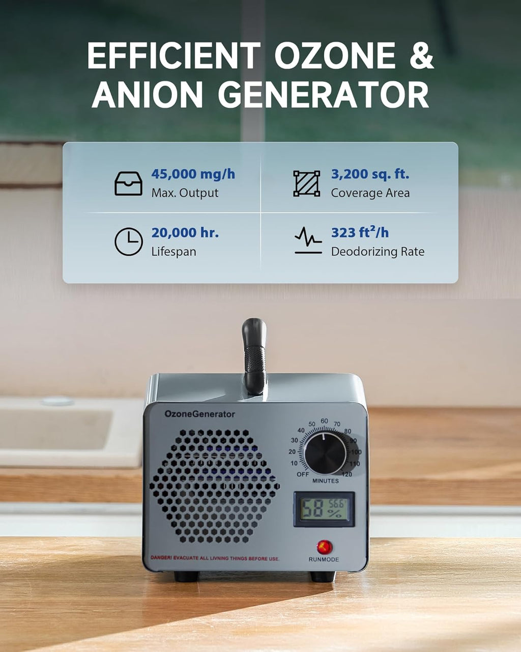 CREWORKS Ozone Odor Machine, Commercial Ozone Generator Air Purifier with Timer Display, 60000 mg/h Ozone Machine for Car Home Smoke Pet Odor Removal, High Capacity for 3200 sq ft Room, Silver