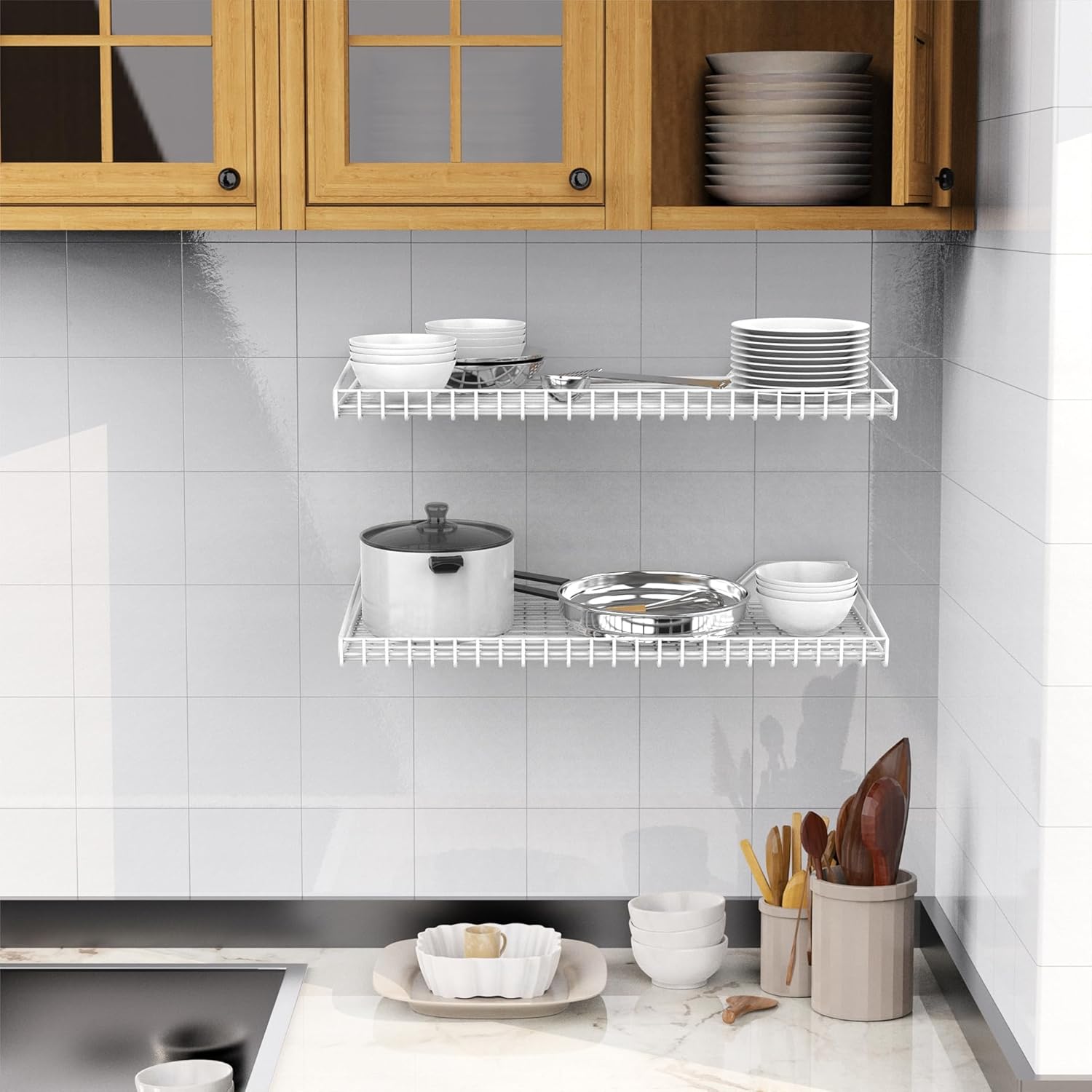 WALMANN Garage Wall Shelf, Wall-Mounted Storage Shelves for Garage, Closet, Laundry Room, Heavy Duty Wall Shelving, Holds Up to 65 Lbs(White, 4 Shelves)