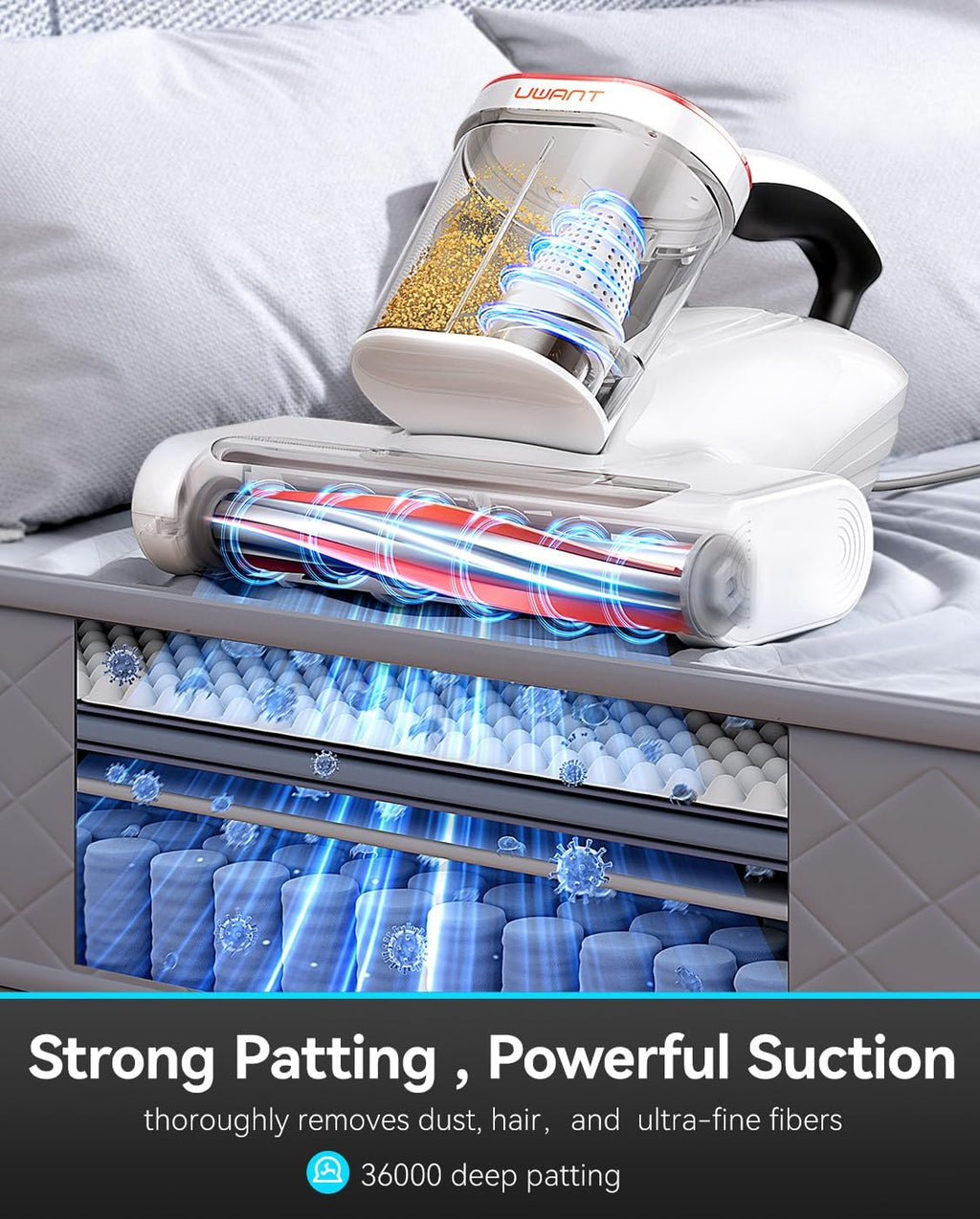uwant Mattress Vacuum 450W 16Kpa 36000RPM/MIN Bed Vacuum with 149℉ Heating &Ultrasonic, Dual Dust Cup, Smart Display Screen Mattress Vacuums for Skin Health