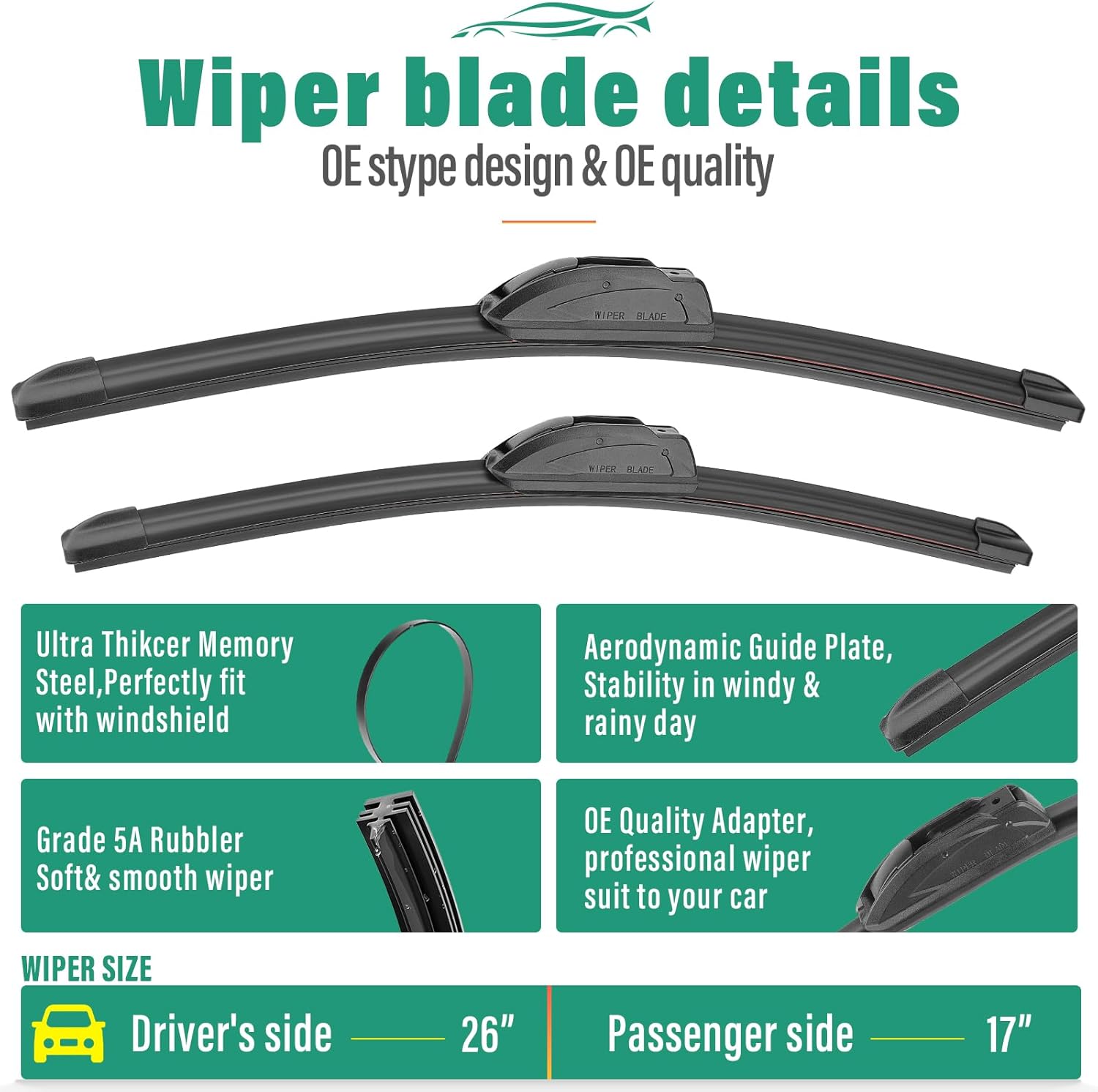 26" 17" 12" Windshield Wiper Blades Replacement for Nissan Rogue 2014 2015 2016 2017 2018 2019 2020 2021 2022 2023 Premium All Weather Front Rear Wipers Set - OEM Quality (Pack of 3)