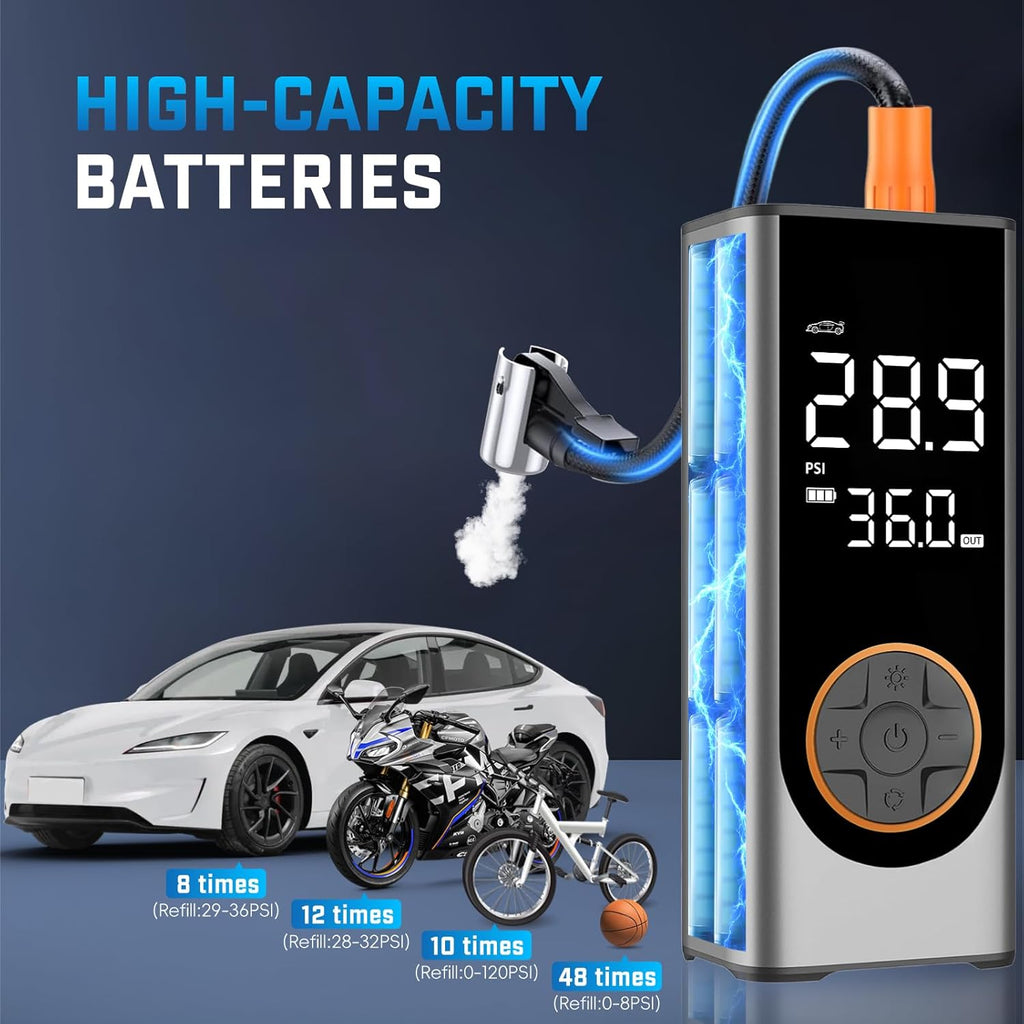 Tire Inflator Portable Air Compressor, 150PSI Cordless Air Pump for Car Tires, 4X Faster 12V DC Tire Pump with Tire Pressure Gauge, LED Light for Cars, Motorcycles, Bikes, Balls (Silver)