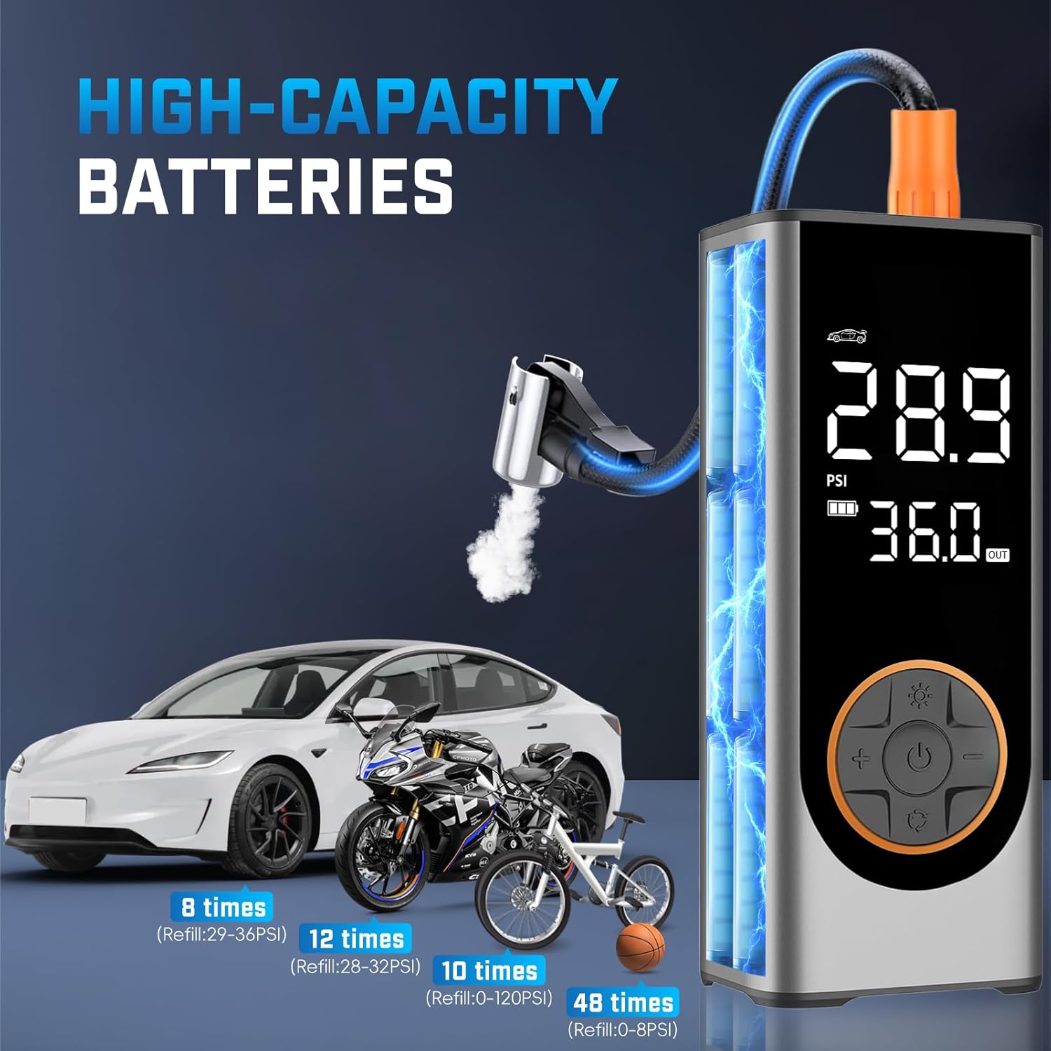 Tire Inflator Portable Air Compressor, 150PSI Cordless Air Pump for Car Tires, 4X Faster 12V DC Tire Pump with Tire Pressure Gauge, LED Light for Cars, Motorcycles, Bikes, Balls (Silver)