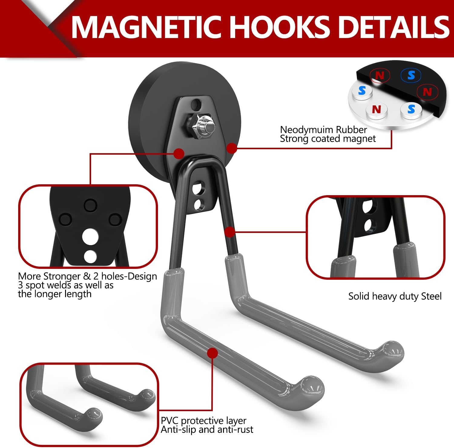 3-H Heavy Duty Magnet Garage Hooks 4 Pack, Extra Large Strong Magnetic Hooks for Hanging Cordless Power Drill, Utility Magnetic Tool Holder for Metal Cabinet, Steel Pegboard, Toolbox, Garage(Grey)