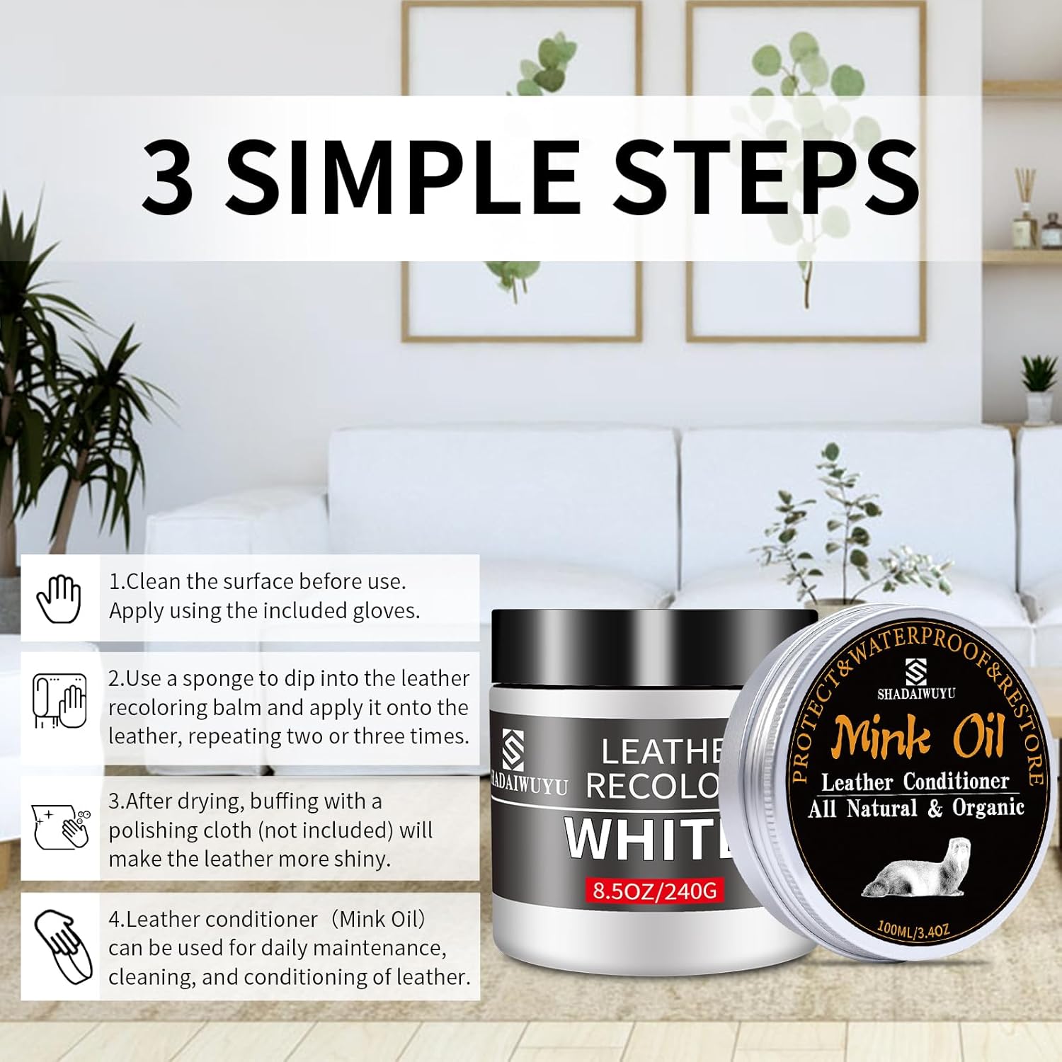 8.5oz Leather Recoloring Balm with 100ml Mink Oil,White Leather Repair kit for Furniture and Car Interior,Leather Couch Scratch Repair,Leather Dye Paint,Mink Oil for Leather