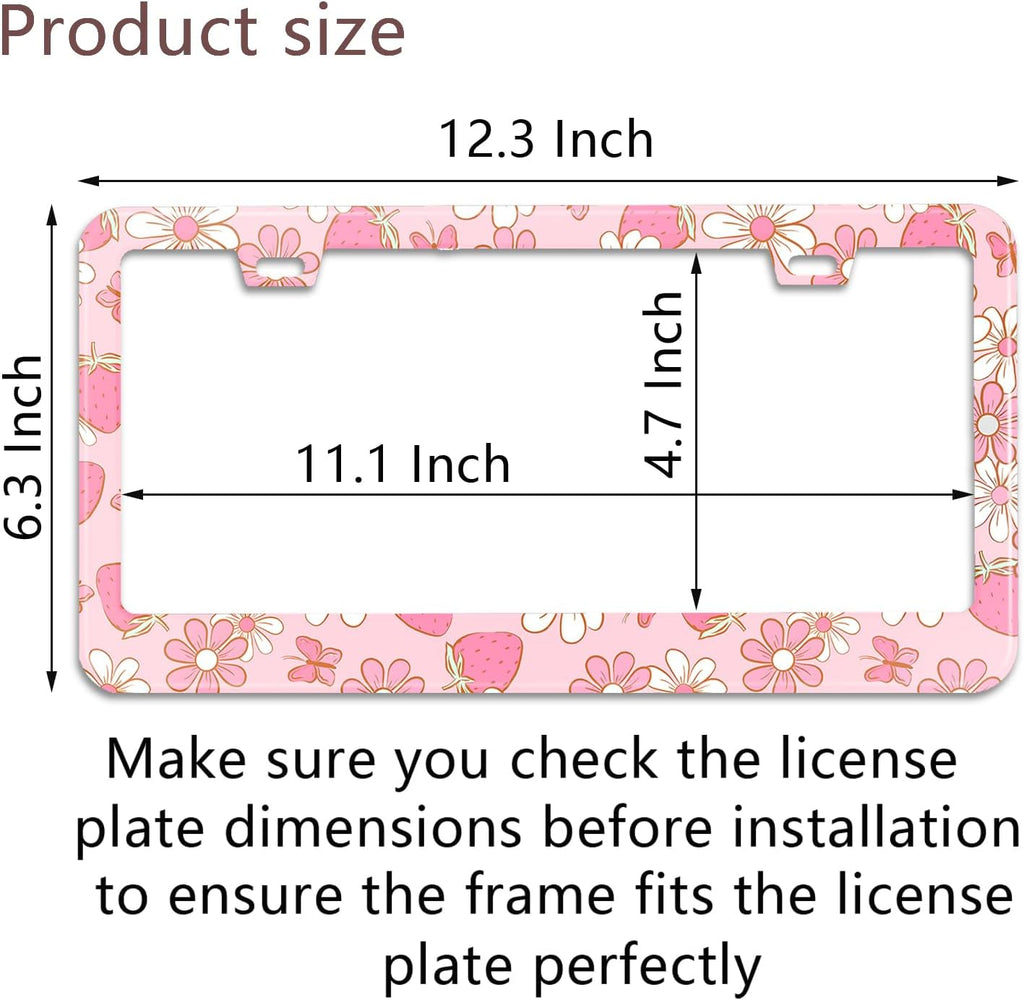 Flowers License Plate Frame Car Universal Stainless Steel Accessories with 2 Holes and Screws Fit for US Vehicles Size 12 x 6 Inches (Pink Butterfly Strawberry Floral, 2)