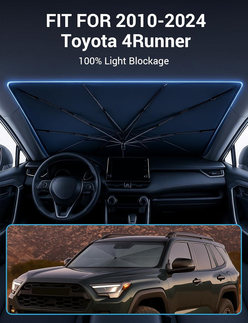 Proadsy Windshield Sun Shade Umbrella for Toyota 4Runner 2010-2024 Foldable Car Umbrella Sunshade with Soft TPU Handle Spring Structure Crystal Cooling Material Protect Car from Rays & Heat