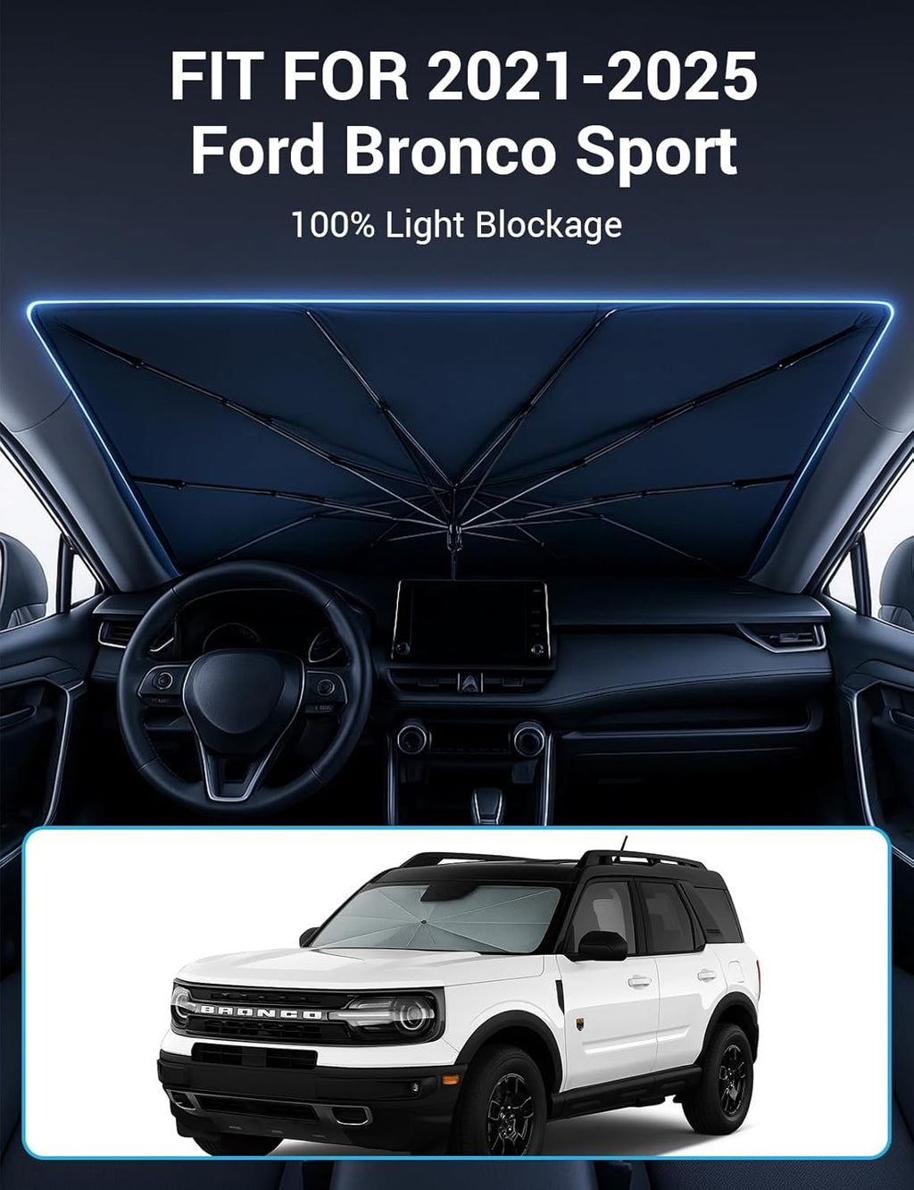 Proadsy Windshield Sun Shade Umbrella for Ford Bronco Sport 2021-2025 2026 Foldable Car Umbrella Sunshade with Soft TPU Handle Spring Structure Crystal Cooling Material Protect Car from Rays & Heat