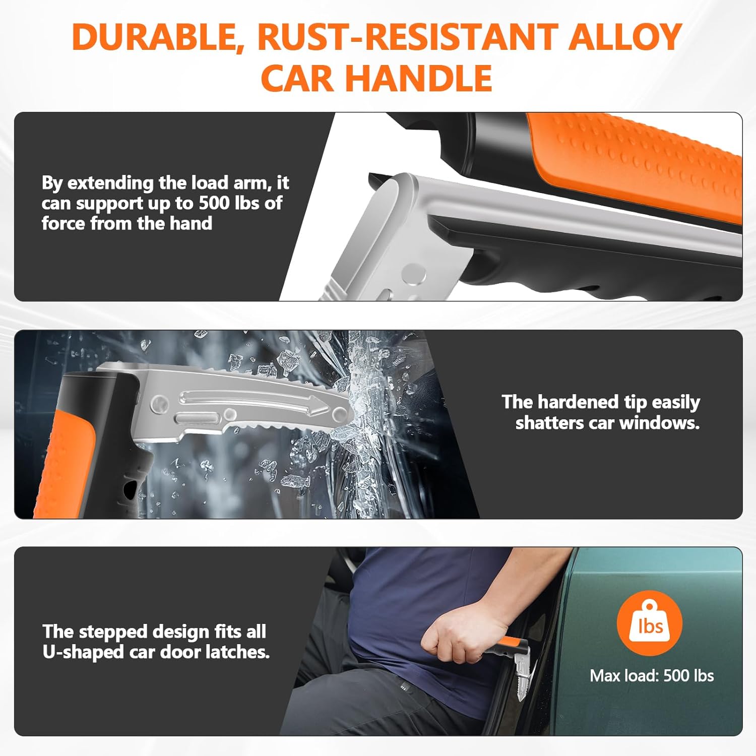 Car Door Handle for Elderly - 2025 New 3 in 1 Car Handle Assist, Auto Cane Portable Vehicle Support Handle Door Assist Bar, Max Load: 500 Lbs, Anti-Slip Design (Orange)
