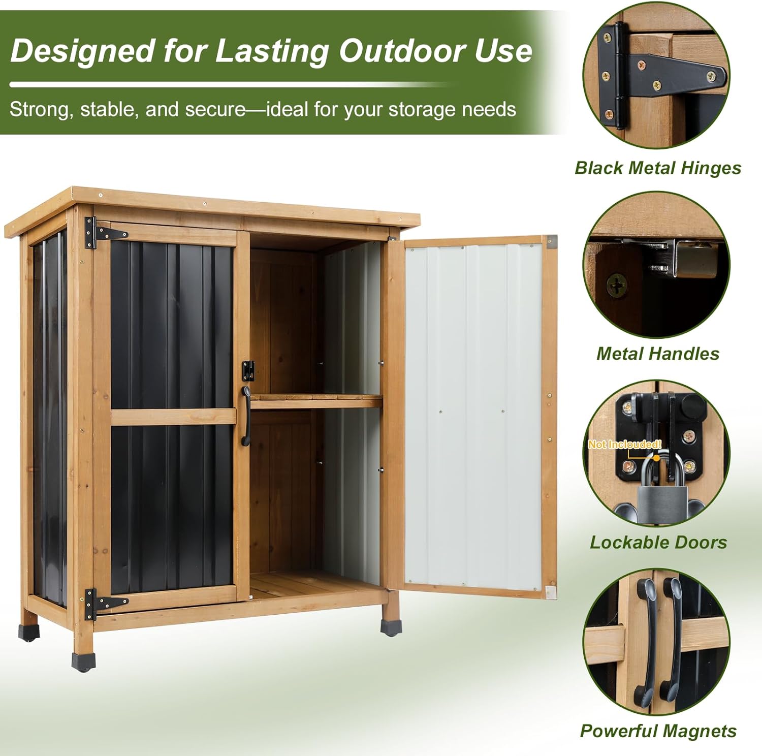 Outdoor Storage Cabinet Wood & Metal Small Storage Shed Waterproof Roof, Double Lockable Doors Garden Shed with Removable Shelves for Patio, Garden, Backyard, Lawn, 32" x 13" x 40" (Brown)
