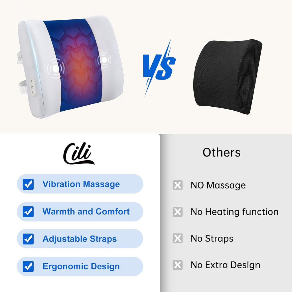 CILI Lumbar Support Pillow for Office Chair, Heated Back Support with Vibration, Back Massager for Chair, Rest Cushion Pillow for Desk Chair Sofa, Gifts for Mom Dad Women Men(Blue)