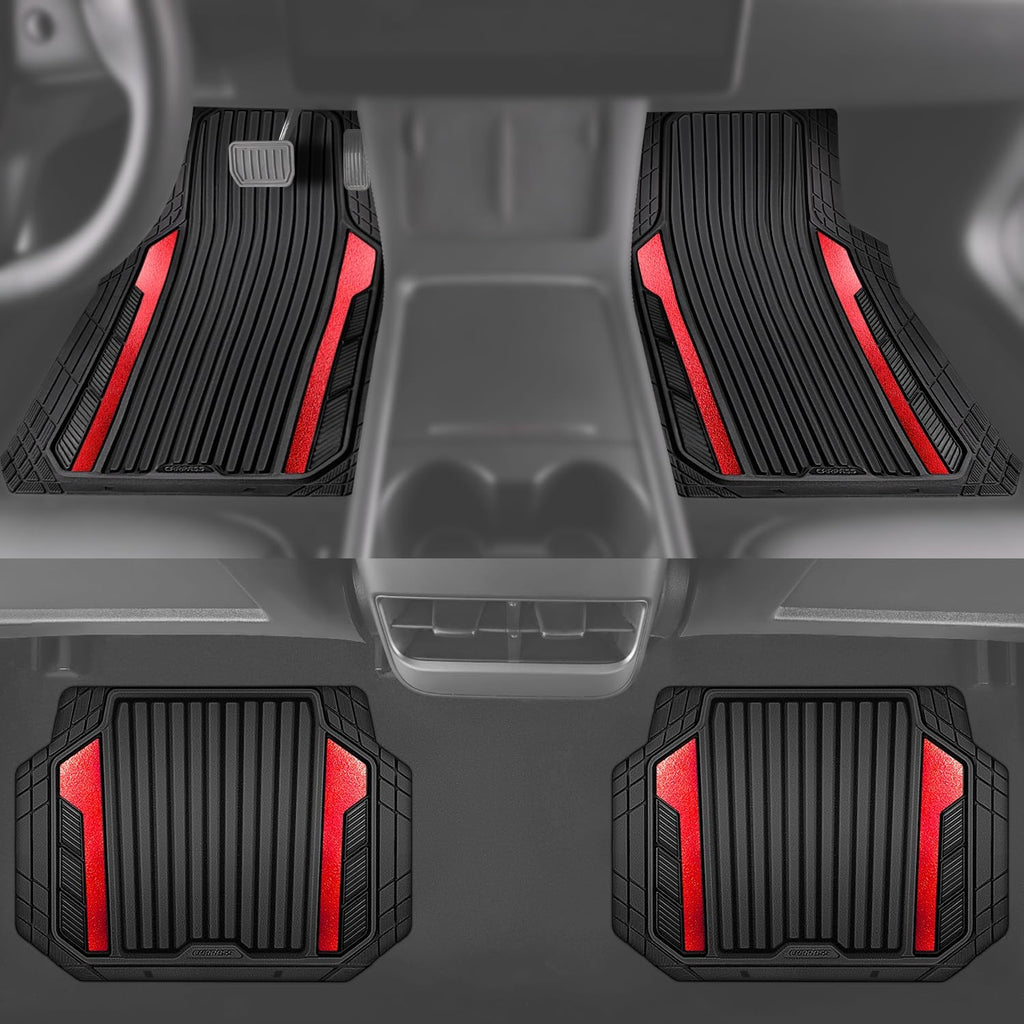 CAR PASS Heavy Duty Rubber Car Mats Metallic S~L Size, Aluminum Film All Weather Floor Mats Waterproof Universal Trim to Fit SUV Sedan Van Truck 4 Piece Deep Dish Two-Tone Sporty Black Red Chrome