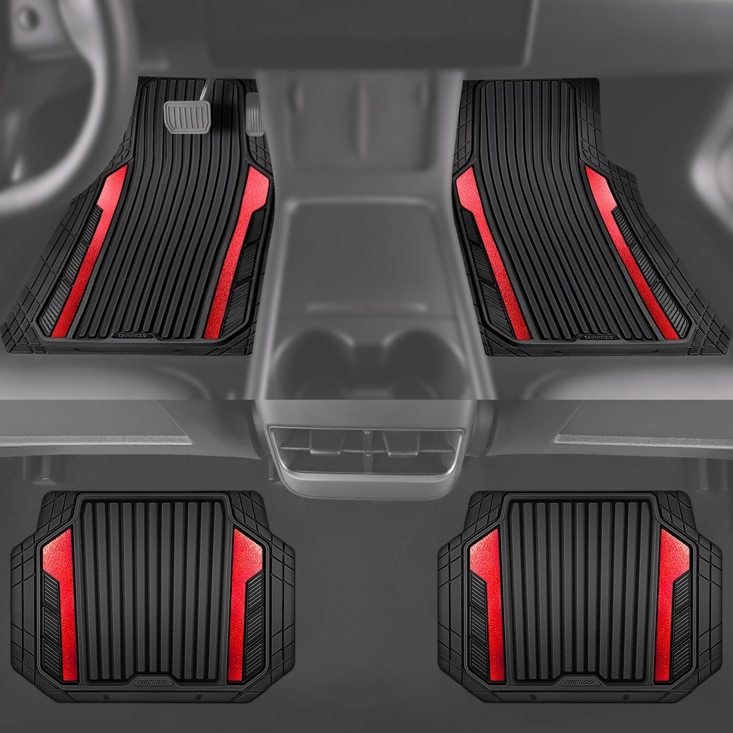 CAR PASS Heavy Duty Rubber Car Mats Metallic S~L Size, Aluminum Film All Weather Floor Mats Waterproof Universal Trim to Fit SUV Sedan Van Truck 4 Piece Deep Dish Two-Tone Sporty Black Red Chrome