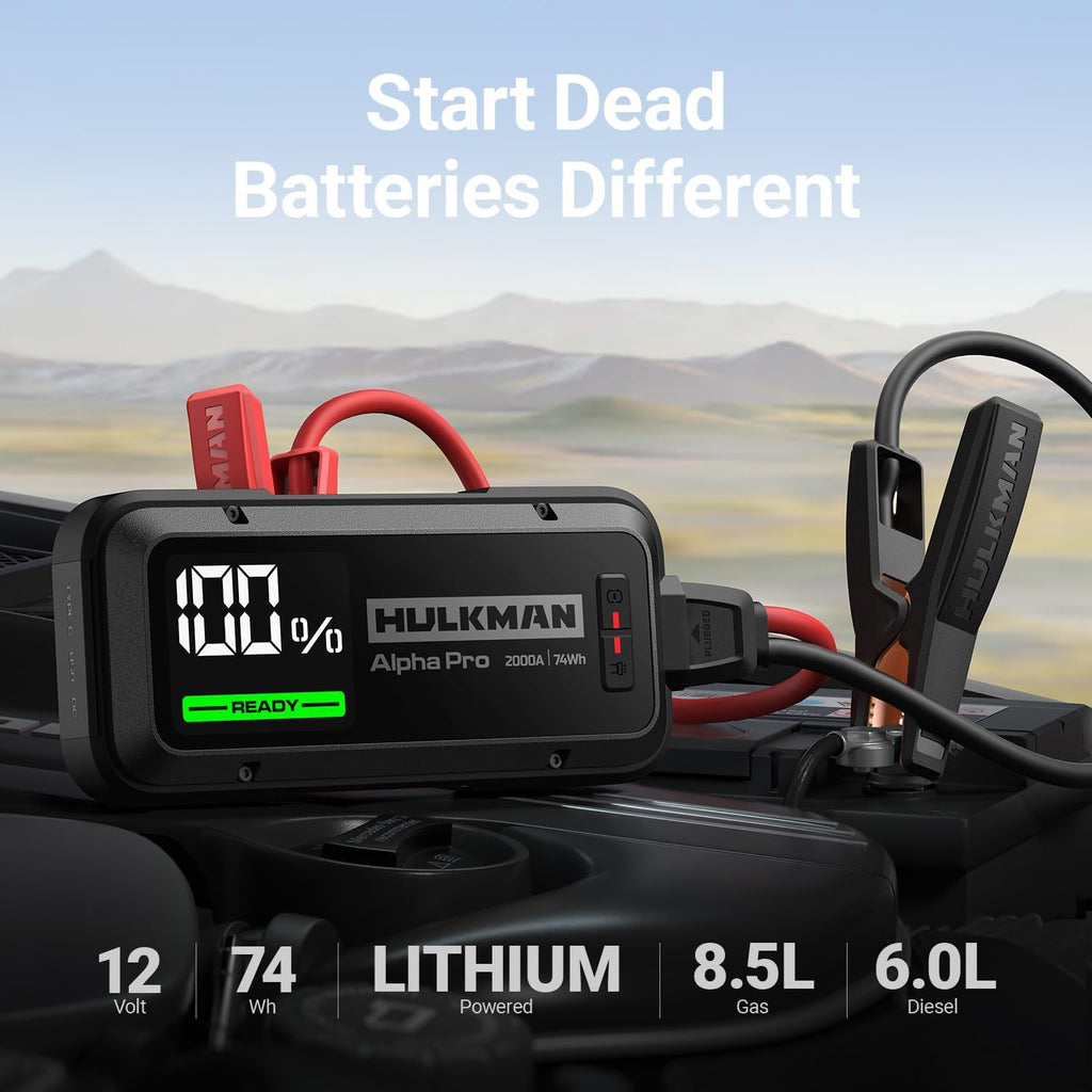 Hulkman Alpha Pro Solid Black, 2000A 74Wh Car Jump Starter Portable, High-Capacity Battery Booster & Jumper Cables, 3.3" Display Jump Box, PD65W in&Out, 12V Battery Pack for 8.5L Gas/6.0L Diesel