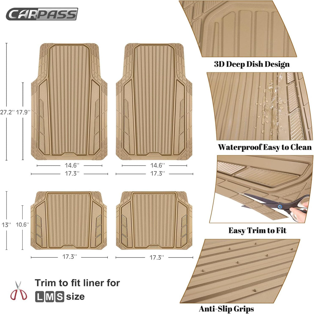 CAR PASS Heavy Duty Sporty Rubber Car Mats, Deep Dish All Weather Car Floor Mats Full Set, Waterproof Anti-Slip Automotive Matts Rugs Trim to Fit for Most Sedans SUVs, 4-Piece All Beige