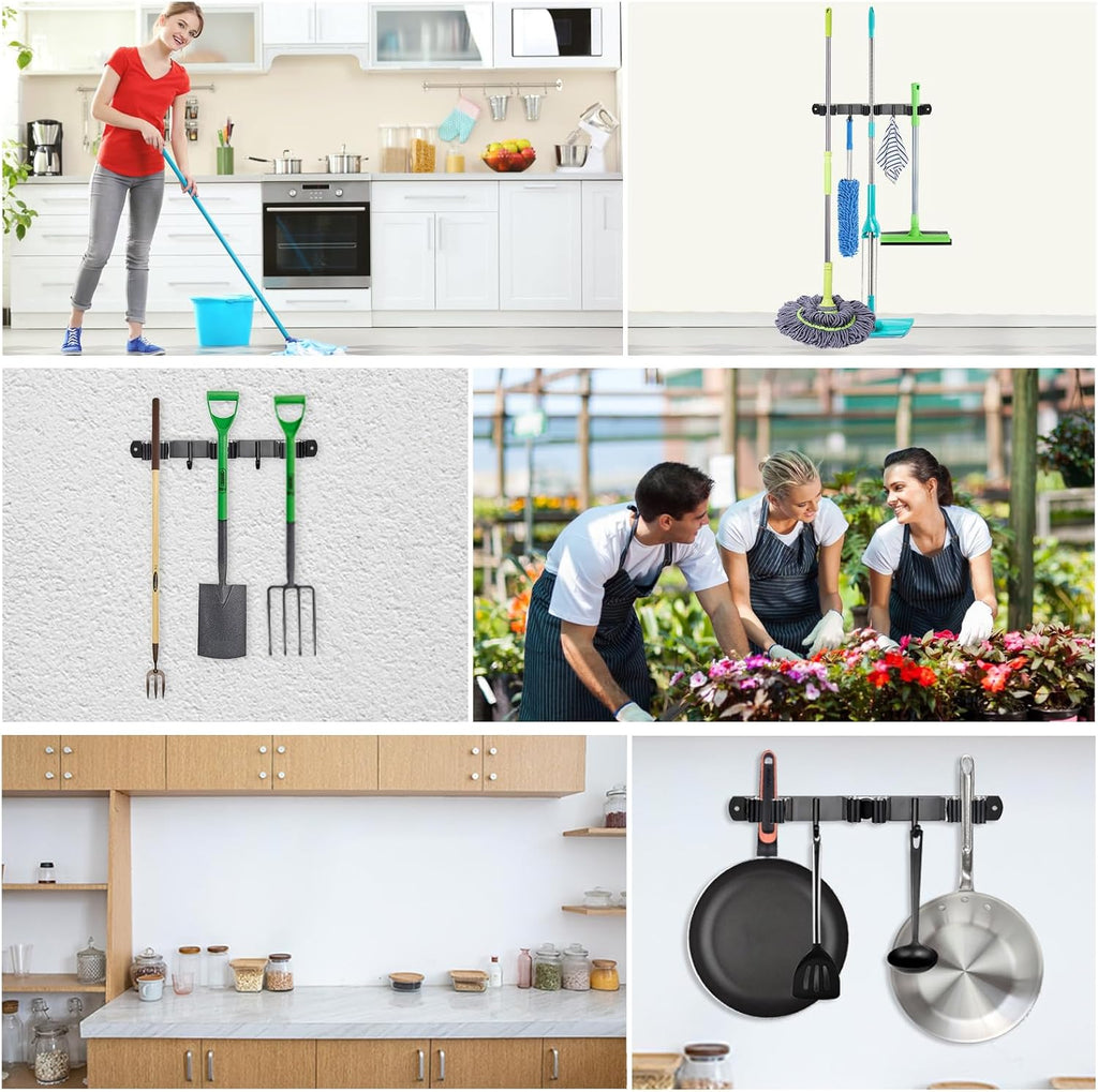 Huryfox Heavy-Duty Stainless Steel Broom Holder, Black, Wall Mount, 1-4 cm Diameter Compatible, Adjustable, 3 Racks, 2 Hooks, Space-Saving