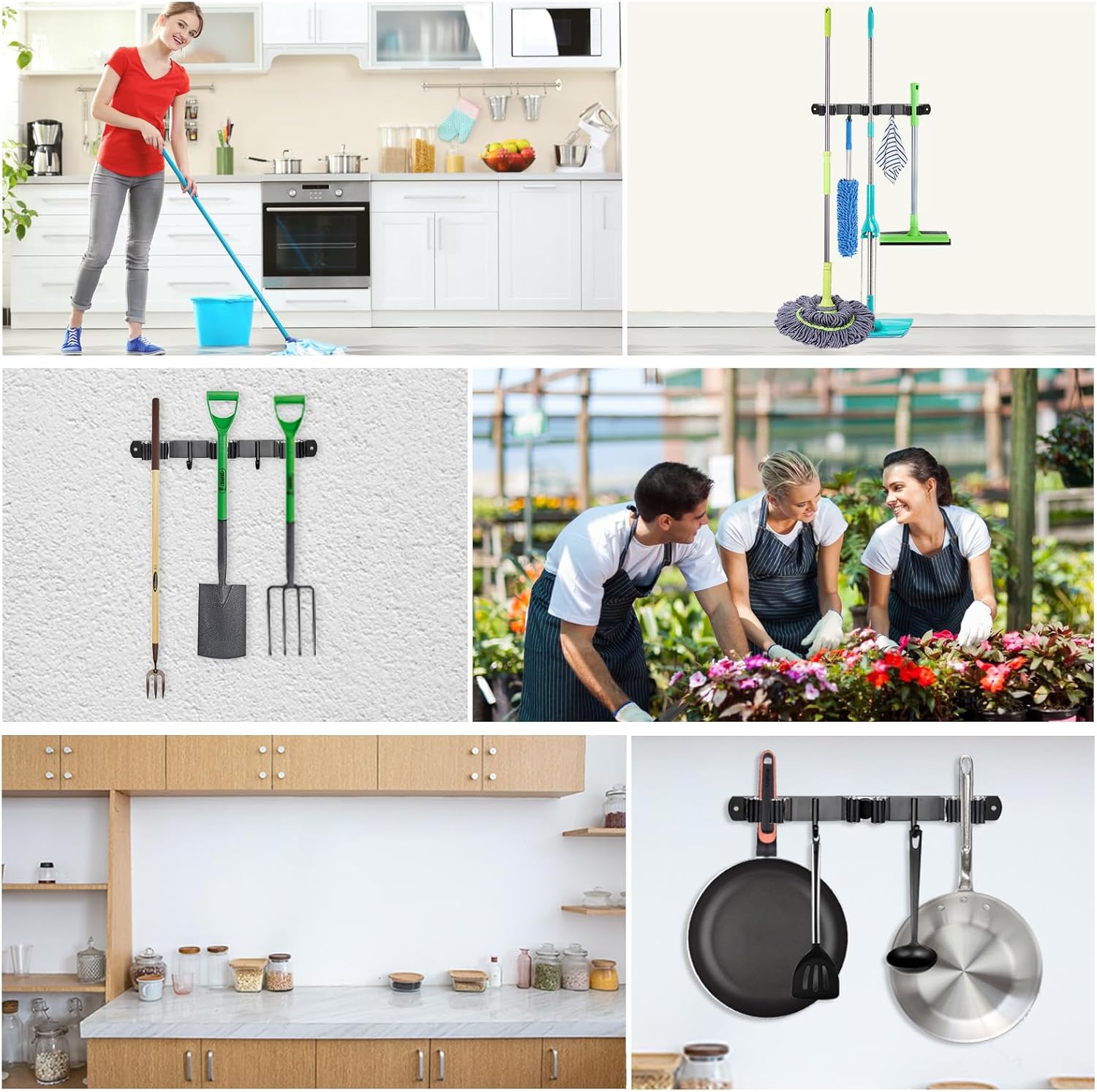 Huryfox Heavy-Duty Stainless Steel Broom Holder, Black, Wall Mount, 1-4 cm Diameter Compatible, Adjustable, 3 Racks, 2 Hooks, Space-Saving