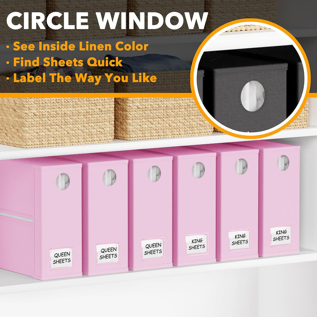 SpaceAid 6 Pack Bed Sheet Organizers and Storage, Foldable Sheet Organizer with Window for Linen Closet, Set Folder Keeper for Queen & King Size Bedding Storage (Pink)