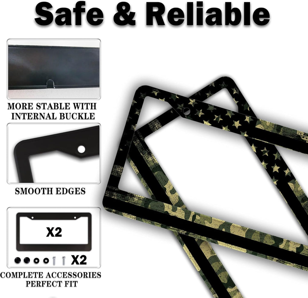 License Plate Frame Multicolor License Plate Holder USA Flag Black Camo Universal Aluminum Car Accessory 2 Pack with Screw Covers Set