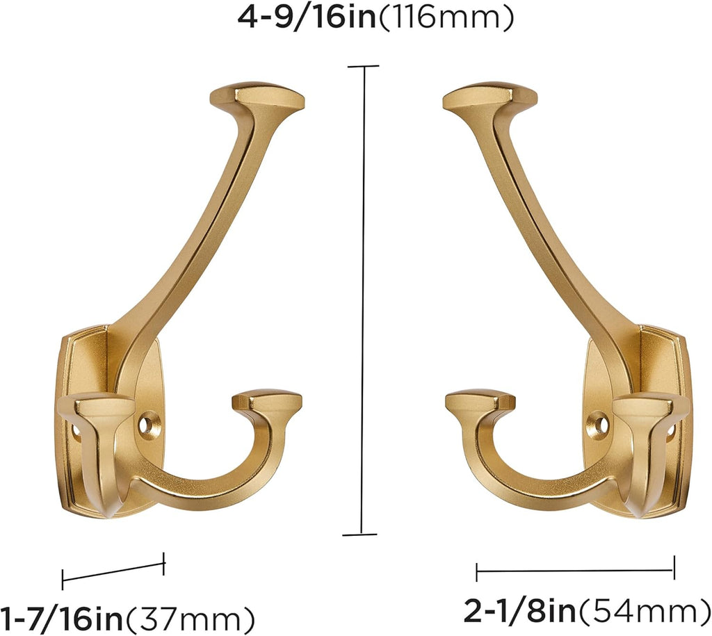 Large Wall Double-Sided Hook 5 Pack Gold Hook Decorative Heavy Duty Solid Large Coat Hooks for Towel Hanging Coats Robe Towel Bags Door Back 2 Prong Hooks