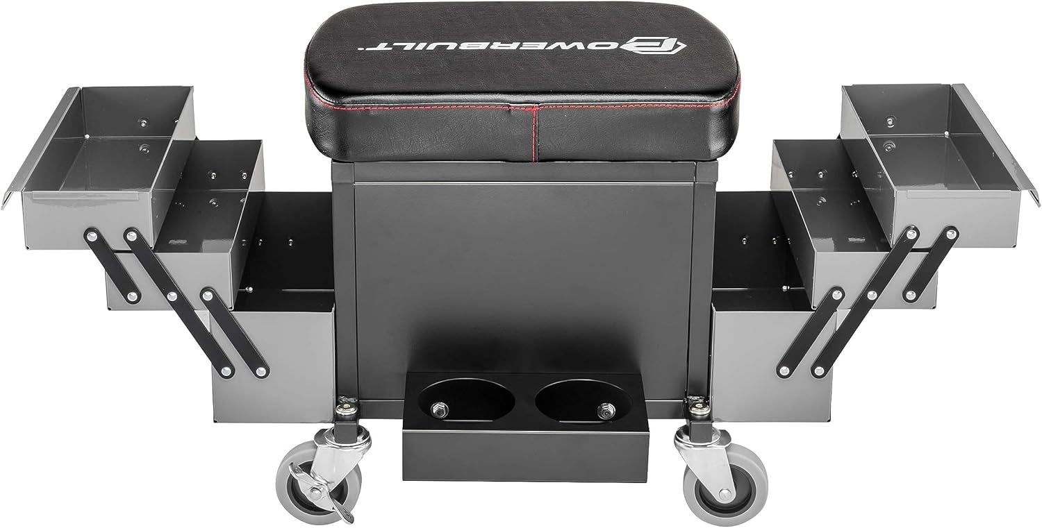 Powerbuilt Rolling Seat with Expandable Tool Trays, Roller Toolbox Garage Stool - Grey 941918ECE