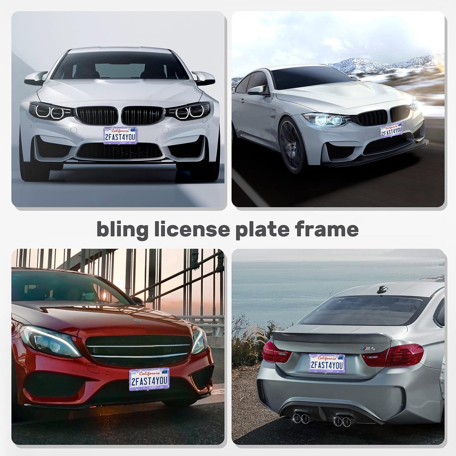 2 Pack License Plate Frames for Women, Sparkly Rhinestone Diamond Car Accessories with Glitter Crystal Caps (Purple (2PCS))