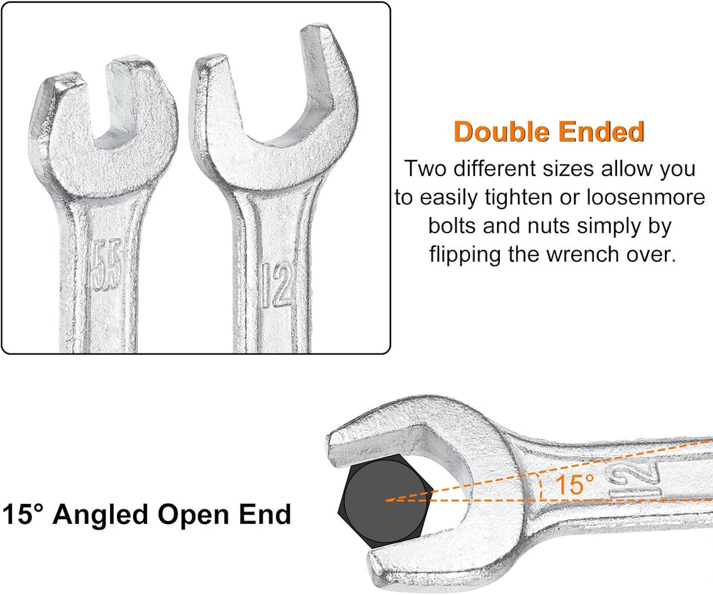 HARFINGTON 5pcs Double Open End Wrench 6mm x 8mm Metric 15 Degree Offset Angle Small Flat Head Wrench Galvanizing Open Ended Spanner for Automotive Repair Furniture Assembly