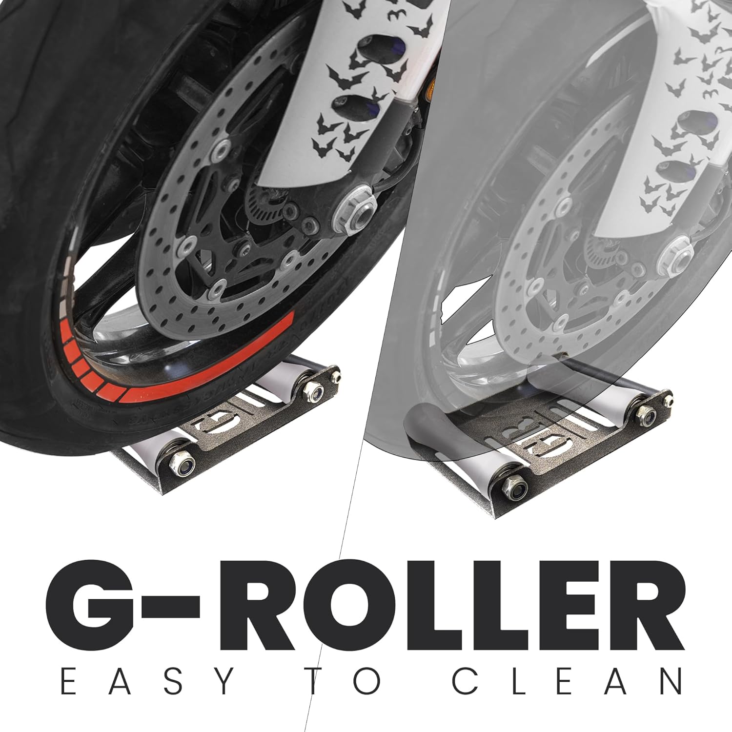 GRAND PITSTOP Motorcycle Roller Wheel Cleaning Stand - Paddock Stand Replacement - Wheel Roller Stand with Ramp Support for tire Cleaning & Chain Lubrication (Roller Large Antic Silver)