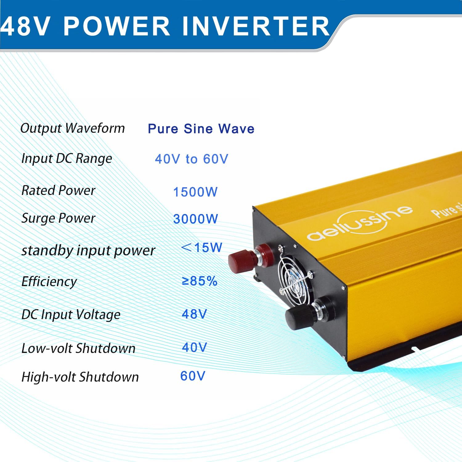 1500W Pure Sine Wave Inverter-48V DC to 110V 120V AC Power Converter with 2 AC Outlets, 48 Volt Power Inverter for Truck, Rv, Camping, Home, Emergency Power