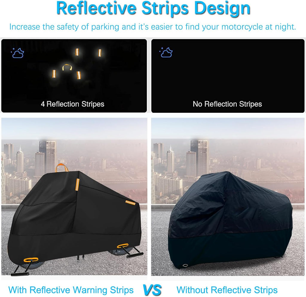 Motorcycle Cover Waterproof Outdoor, 300D Heavy Duty Motorcycle Cover for Harley Davidson Electra Glide Ultra Limited CVO Road Street Glide Honda Gold Wing Protection Fits up to 116" - Black
