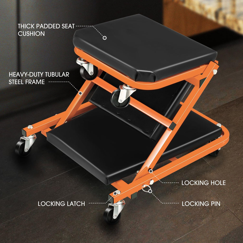 DNA MOTORING 36 Inches 2 IN 1 Rolling Folding Car Creeper/Seat, 6 Pcs 2" Casters, 150kg Weight Capacity, Orange, TOOLS-00185-OG