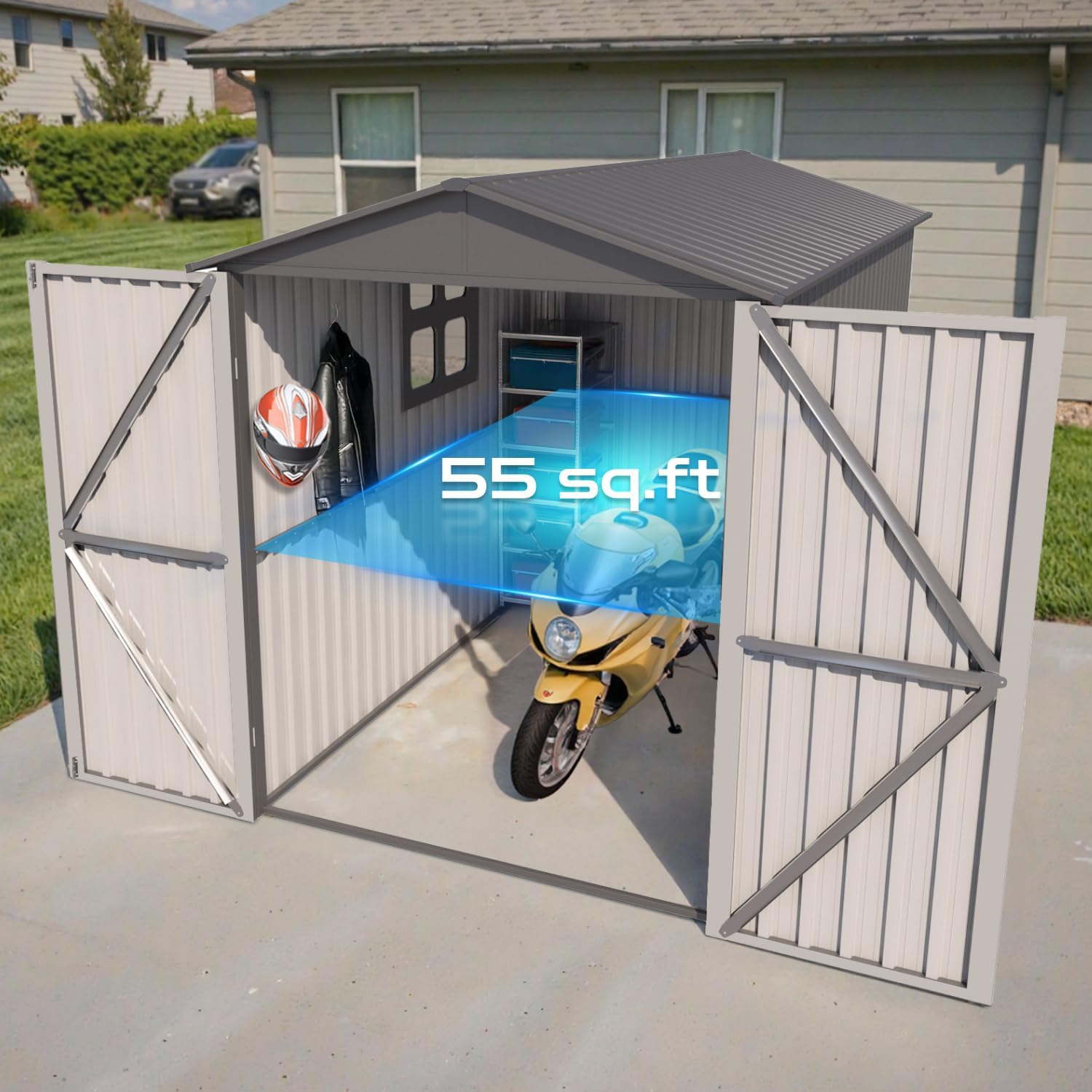 5’ x 10’ Motorcycle Storage Sheds, Metal Shelter & Garage with Windows and Lockable Door Handle, Heavy Duty Vehicle Shed for All Weather, Anthracite with White Trim