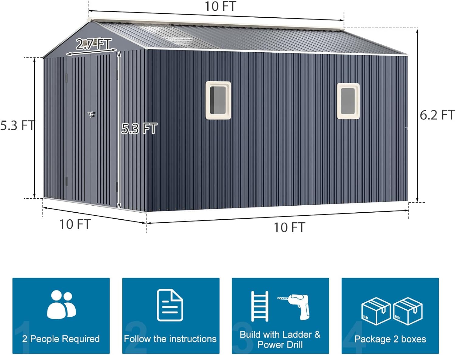 10x10 FT Metal Shed Large Waterproof Outdoor Tools Storage with Clear Roof Windows Air Vent Door for Outside Garden Patio Lawn Backyard to Store Bikes,Lawnmower,Garage,Dark Grey