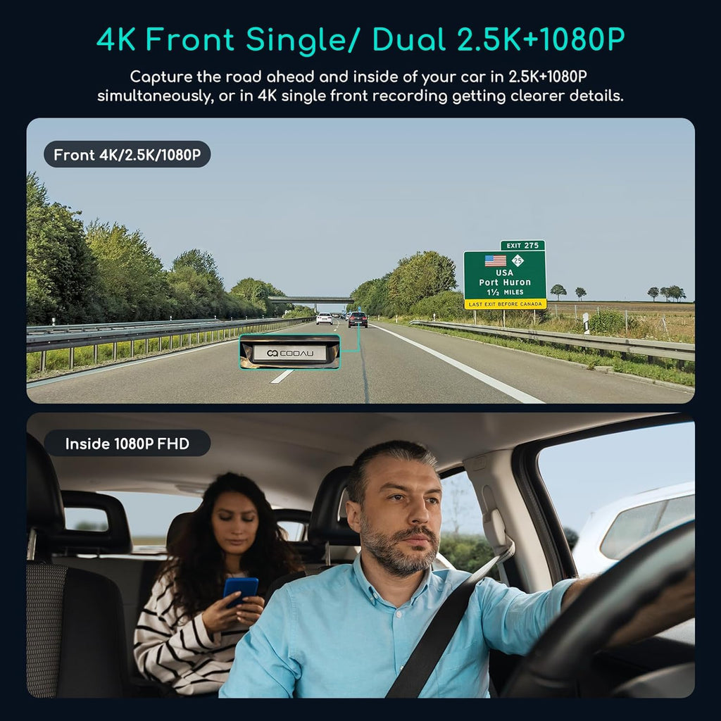 COOAU D30S 4K Dash Cam with GPS Wi-Fi, Front and Inside Dual 2.5K 1080P, Uber Car Camera with Infrared Night Vision, Supercapacitor, 4 IR LEDs, G-Sensor, Parking Mode, Loop Recording