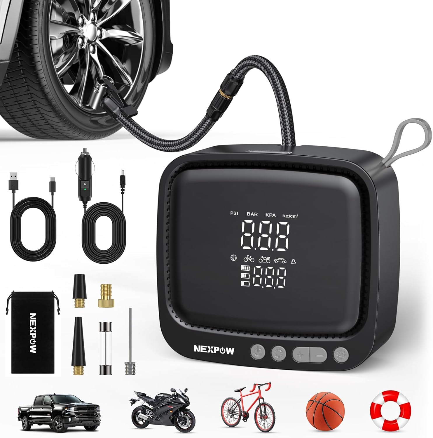 NEXPOW Tire Inflator Portable Air Compressor, 180 PSI Cordless Air Pump for Car Tires with Digital Pressure Gauge & Auto Shut-Off, Air Compressor Portable for Car, Motorcycle, Bicycle, Ball, Gray