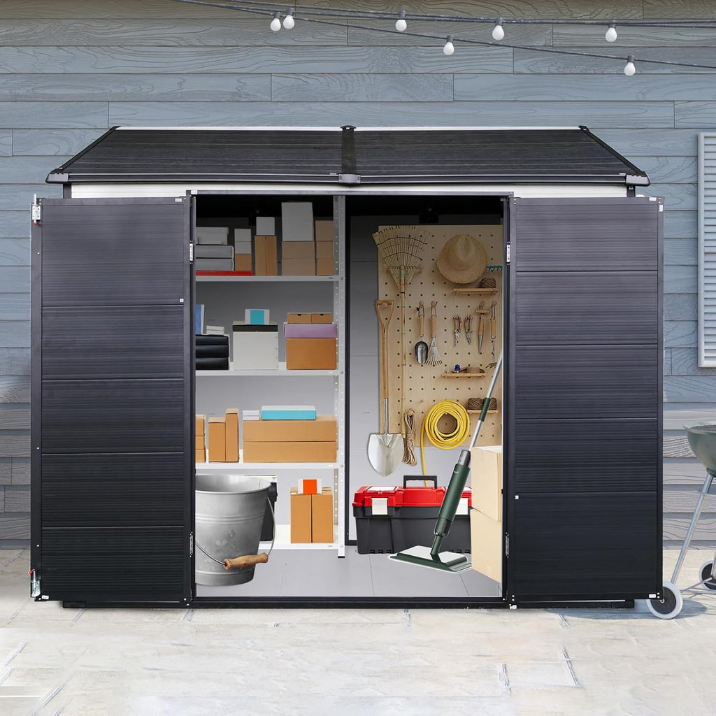 8x6 FT Outdoor Storage Resin Shed with Floor,Waterproof Plastic Garden Bike Shed with Lockable Door, Sloped Roof, Vents & Windows, Easy Assembly Tool Shed for Lawn, Backyard, Patio, White