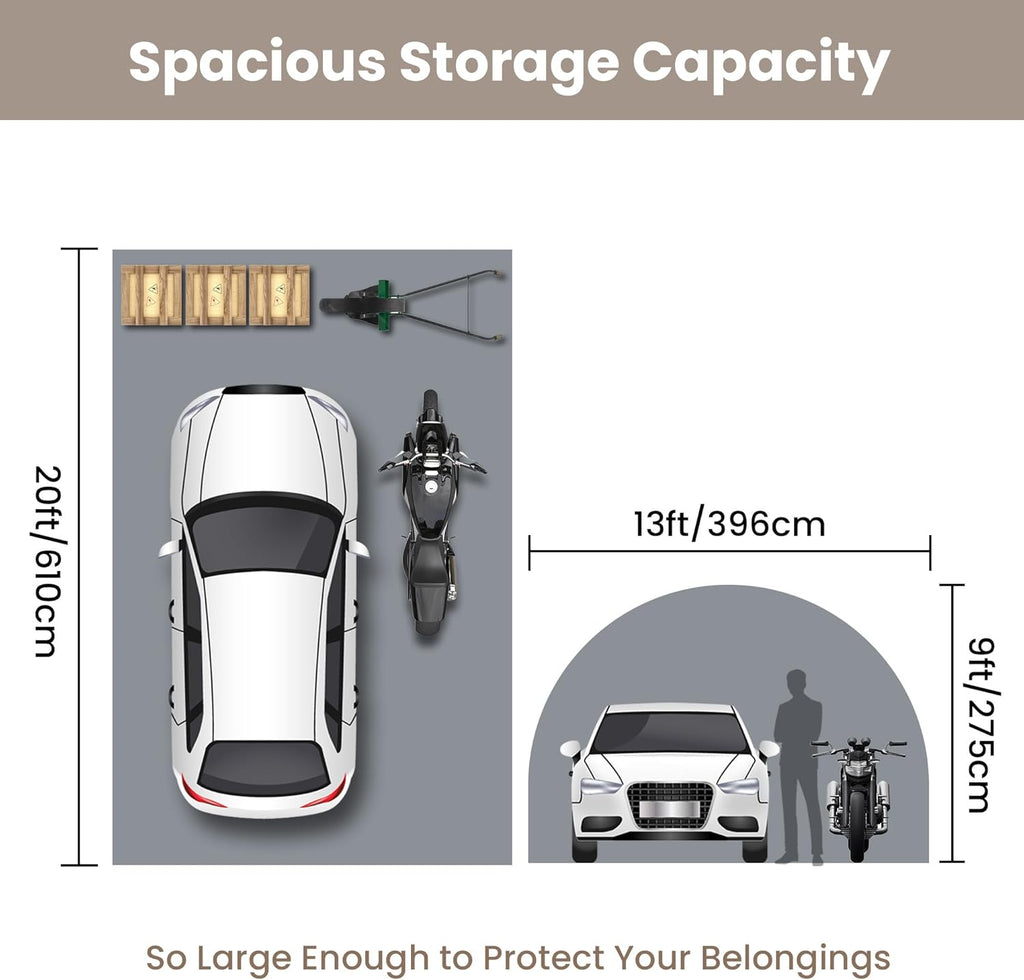 SUNBURY Carport, Round Portable Garage, Outdoor 13x20 ft Heavy Duty Carport, Tensioner and 2 Roll Up Doors Waterproof PE Fabric Car Port, Garage, Storage Shed, Tent for Storage, SUV, Grey