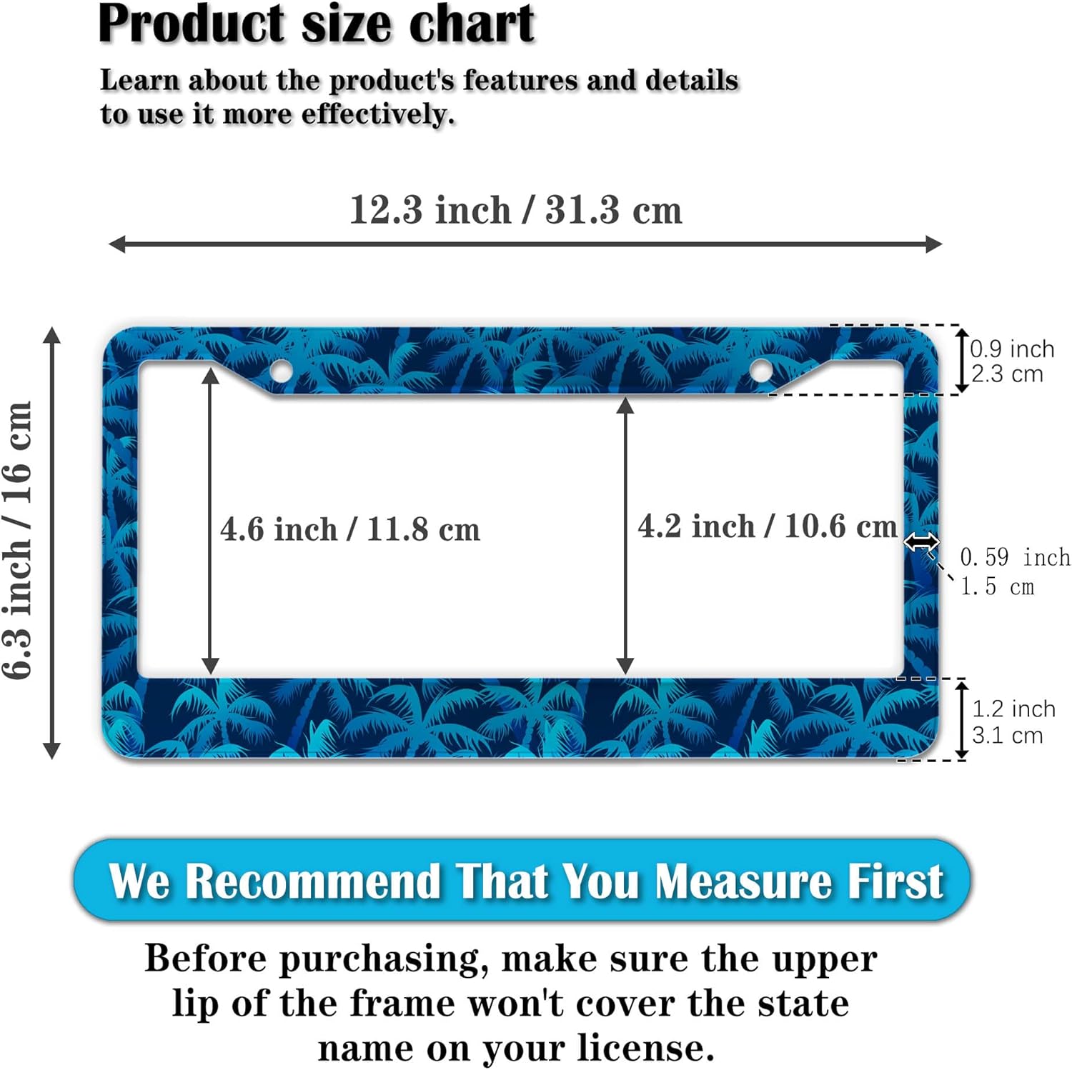 License Plate Frame Blue License Plate Frames Tropical Blue Palm Trees Aluminum Metal Car Accessory 2 Pack with Screw Covers Set